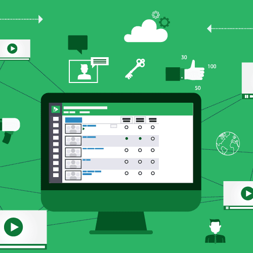 Cablecast Illustration with video automation icons and monitor screen