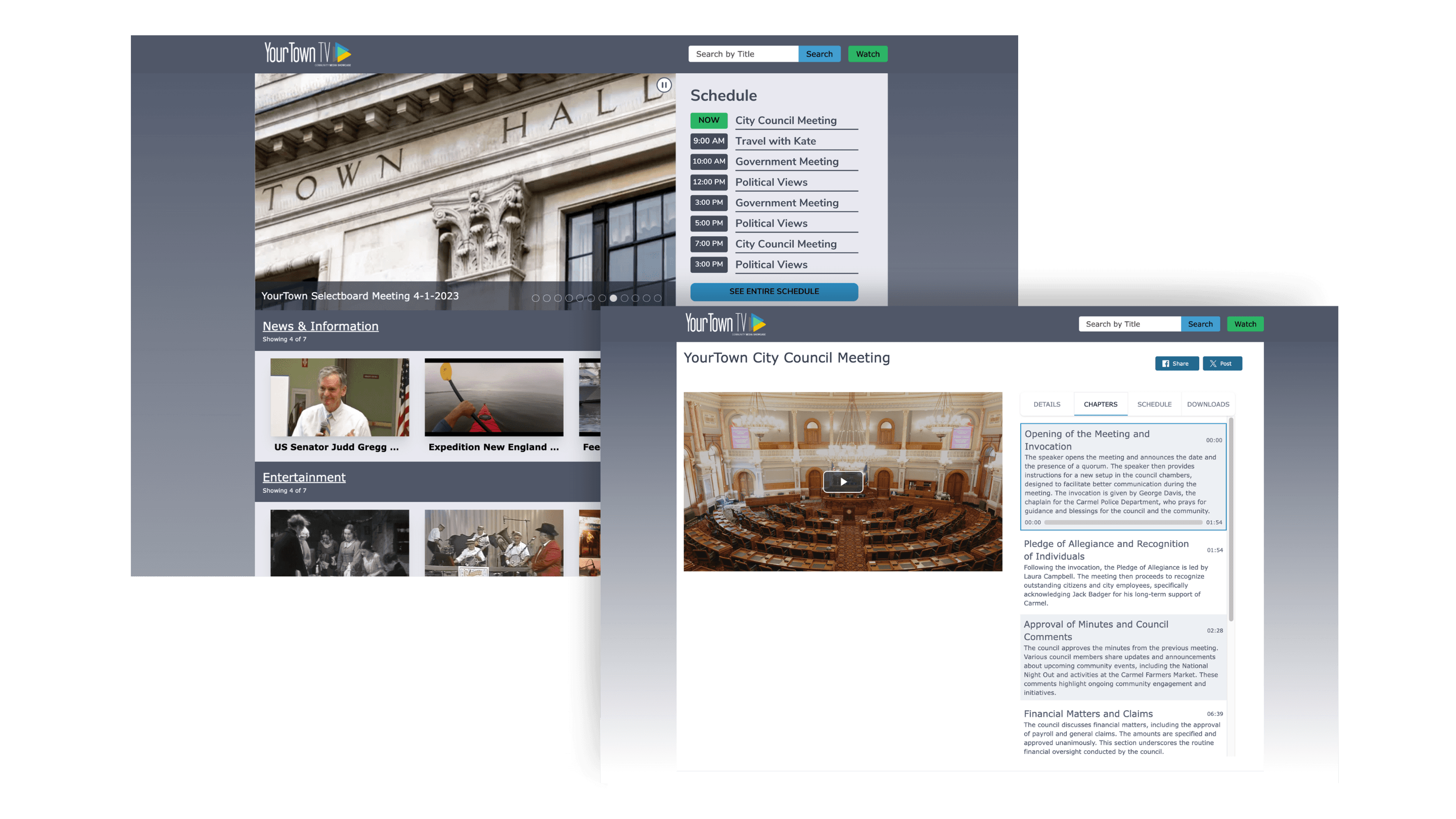A YourTown TV interface showcases a Cablecast Internet Channel, designed for inclusivity with WCAG-compliant features like closed captions, translations, audio descriptions, and screen reader-friendly navigation, alongside an AI-powered Smart Summary for easy access to city council meetings.