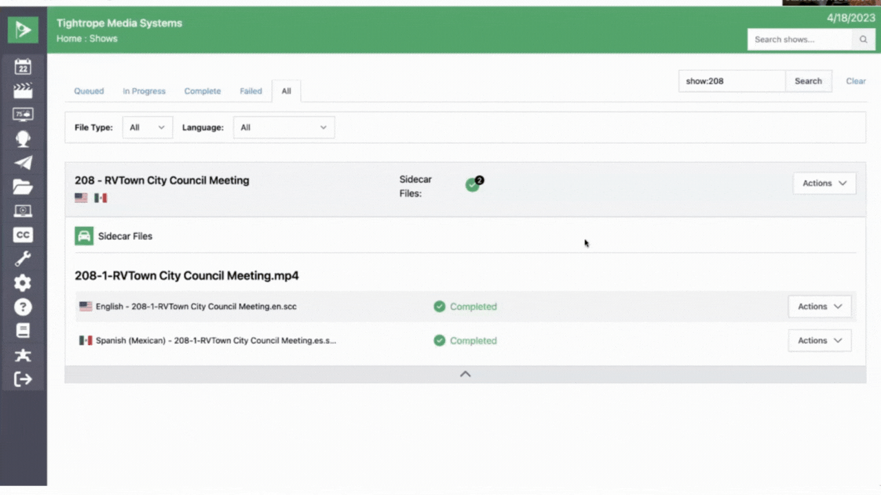 An animated image of someone clicking through the different tabs of the Text Tracks user interface for automated Multi-language translation in Cablecast Automation software
