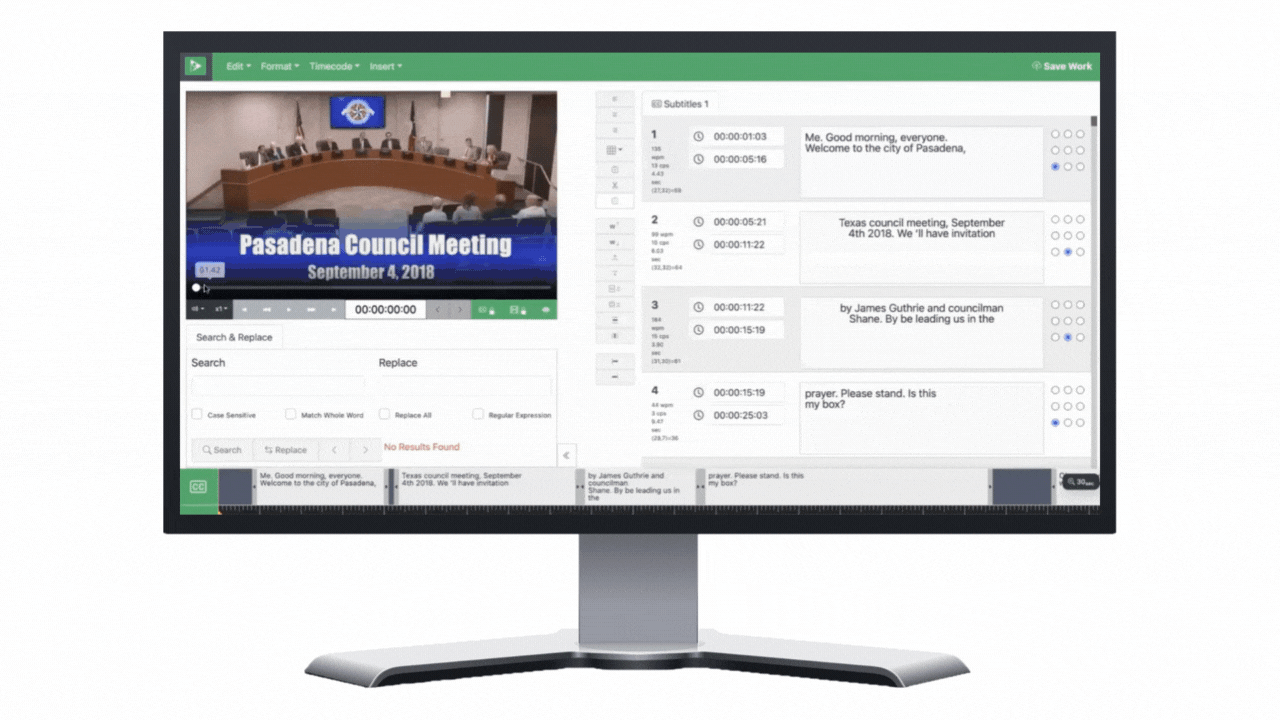 An animated image of scrubbing through a city council meeting video to edit closed captions using the Cablecast closed caption editor user interface.