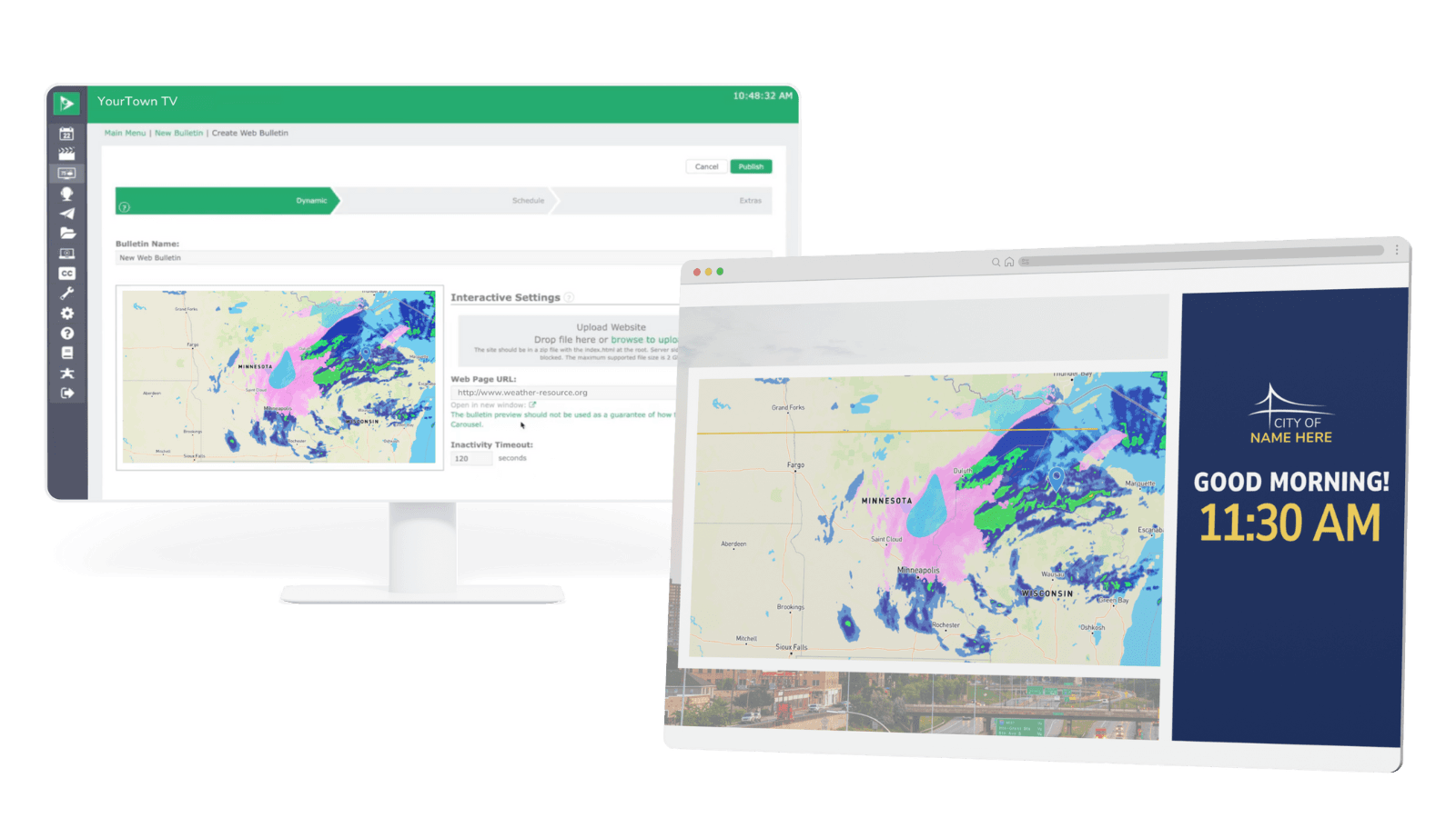 Cablecast CG Web Bulletins feature showcasing real-time local weather forecast display for municipal broadcast channels. The screenshot highlights a dynamic web bulletin setup interface, including temperature updates and weather icons, with customizable city branding options.