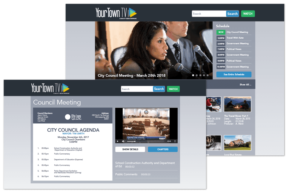 An Image of Screenshots of Cablecast Internet Channels showing video on demand playlists, embedded meeting agendas, and video chapters markers