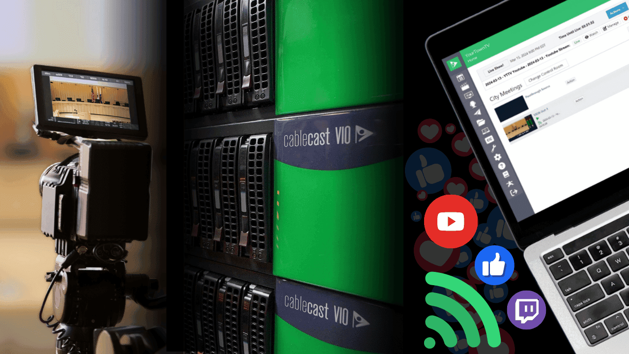 A triptych image showcasing multimedia broadcasting technology. On the left, there's a professional video camera with a small display screen, focused on a scene out of view. The center image displays a stack of green-labeled 'cablecast VIO' broadcasting equipment with glowing indicators. On the right, there's a laptop screen with a broadcasting software dashboard, overlaid with various social media icons such as YouTube, Facebook, Spotify, and Twitch, representing streaming or content sharing.
