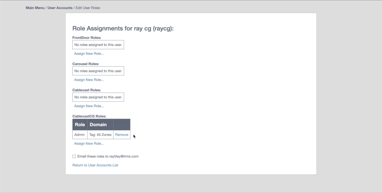 A screen shot of the Cablecast Automation Software End User Roles permission settings page displaying configuration options for Cablecast roles, Cablecast CG roles, Carousel roles and FrontDoor Roles