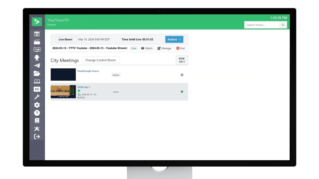 The image displays a user interface of a cablecast automation software used for PEG (Public, Educational, and Government) Access program operations. The interface shows a dashboard with a "City Meetings" section, where users can create custom views of inputs and outputs for specific productions. There is a live show scheduled, with the status and control options displayed. Two sources are listed: a passthrough source and a specific output named "VIO8-Out-1," each with corresponding action buttons. The interface also includes navigation icons on the left and a search bar at the top right.